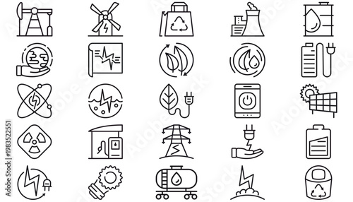 Vector Icon Set of 25 Black Minimalist Symbols for Energy, Environment, Industry, and Technology. Includes Nuclear Power, Solar, Wind, Recycling, Oil, Electricity, and Sustainable Ecology Icons.
