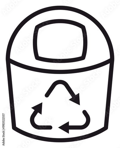 Black line art vector icon of a recycling bin with a domed lid and a universal recycling symbol, minimalist waste management illustration for environmental and sustainability concepts.