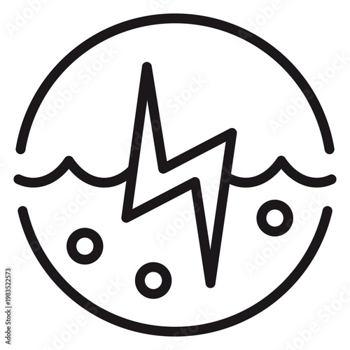Hydroelectric power vector icon illustration featuring a lightning bolt symbol over water waves and bubbles inside a circle, representing renewable energy, tidal power, and clean electricity.