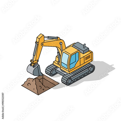 Yellow excavator digging a hole in the ground isometric illustration.