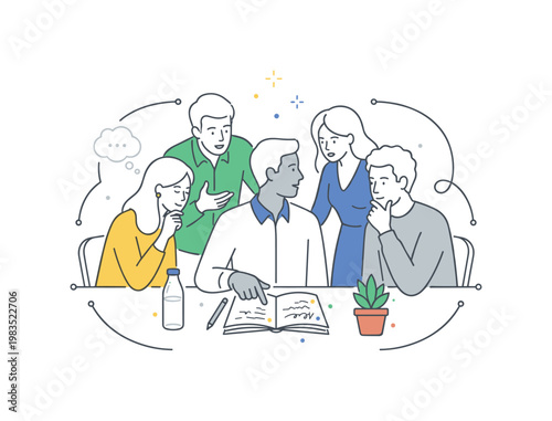 Group of coworkers in a focused discussion with one central figure pointing at notes on the desk while others nod and share input