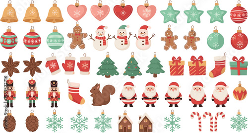 Christmas ornament vector set with baubles santa snowman gingerbread stars bells and festive holiday decorations isolated on white