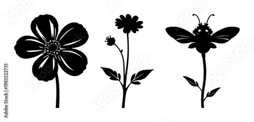 Bee-friendly garden flower set with solid black icon silhouette on white background featuring bee, pollination, flowering plant with botanical and insect symbols