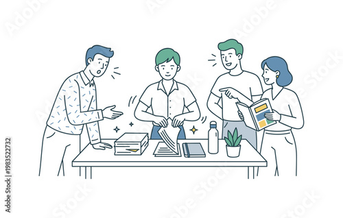 Small group of coworkers sharing a clean editorial scene with one person at center organizing papers while others gesture and