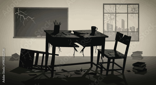 A desolate classroom scene depicts a shattered window and overturned desk evoking a sense of chaos