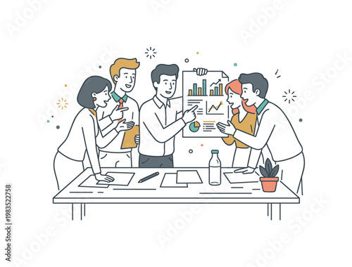 Group of coworkers reviewing visual data with one central figure pointing at a chart on paper while others lean in and share input