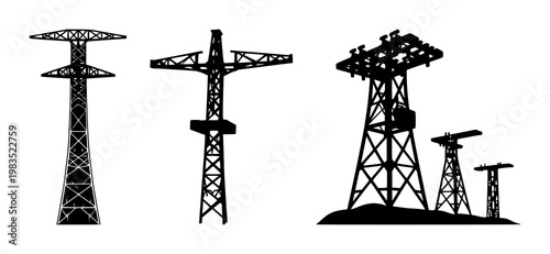 Smart energy grid tower set with solid black icon design featuring electricity, power, station with technology and energy