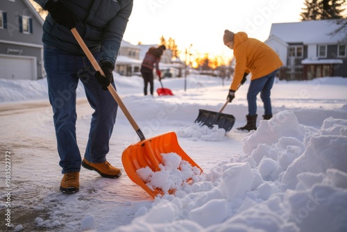 Three individuals are actively shoveling fresh snow from a suburban street during a beautiful chilly winter morning.