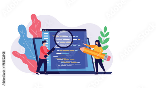 Two developers working together to write and review computer code on a large laptop screen with colorful foliage.