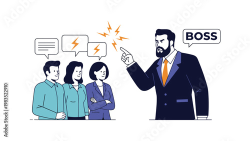 Angry businessman yelling and pointing his finger at three intimidated employees in a professional office setting.