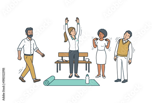 Group of coworkers taking a light exercise break with one central person stretching arms overhead while others walk in place and