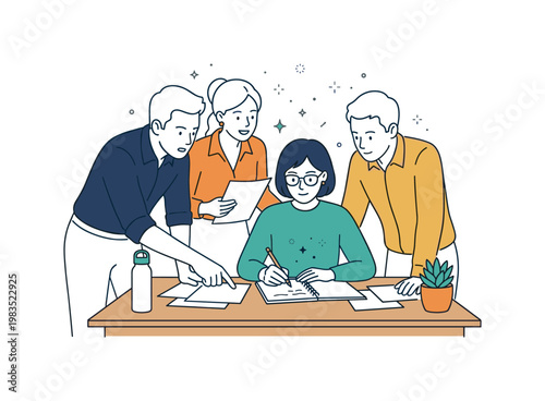 Coworkers gathered around a simple desk in a calm moment with one central person quietly writing notes while others sit close