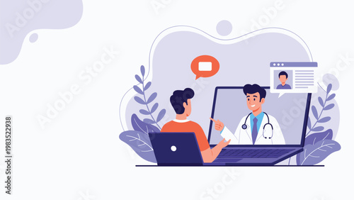 Patient having a remote video consultation with a doctor through a laptop screen in a modern medical setting.