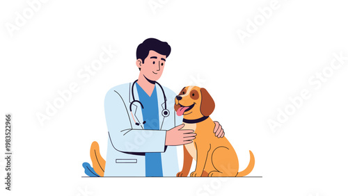 Friendly male veterinarian in a white coat petting a happy brown dog in a pet clinic or animal hospital office.