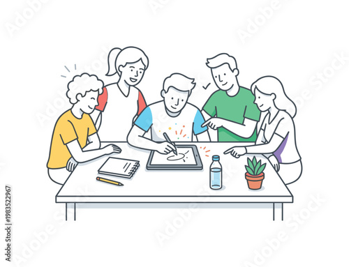 Creative team working together with one central figure drawing a concept while others point and nod in agreement around a shared