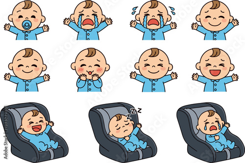 Cute baby expressions vector set with different emotions including crying laughing sleeping and sitting in car seat isolated on white