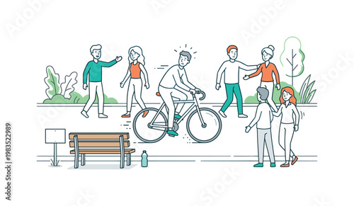 People sharing a city path with one central cyclist slowing down while pedestrians step aside and gesture to each other in a