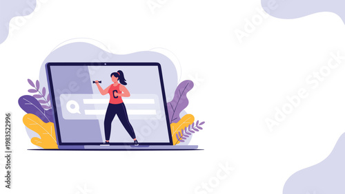 Young woman exercising with weights shown inside a laptop screen illustrating the concept of online fitness classes and home workout.