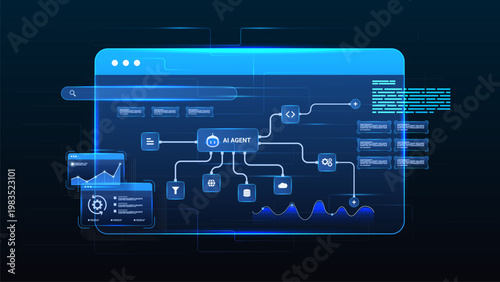 AI workflow automation artificial intelligence. ai agent network diagram dashboard machine learning architecture data pipelines, coding, analytics panels and automation flow system.
