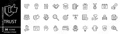 Trust icon set.  Authenticity, integrity, transparency, dependability, commitment, respect, security, safety, assurance, reputation, goodwill, truth.