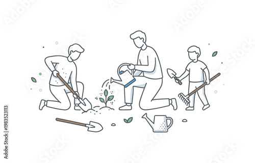 Family enjoying a calm gardening task with one central figure kneeling to water plants while others support by loosening soil and
