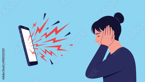 Stressed woman covering her ears to block out the loud noise and aggressive notifications coming from a bright smartphone screen.