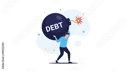 Man struggling to carry a massive bomb labeled debt on his back symbolizing financial burden, economic crisis, and bankruptcy pressure.