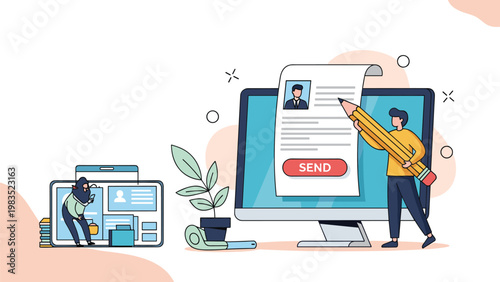 Man using a giant pencil to send a job application document on a large computer monitor in an office setting.