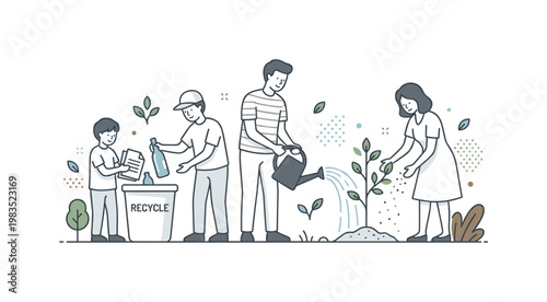 Family enjoying sustainability moment with one central figure watering a newly planted plant while others sort recyclables into a