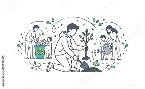 Family bonding over environmental care with one central person kneeling to plant a sapling while others sort items into a