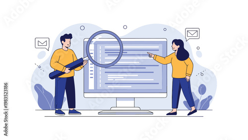 Developers analyzing software code on monitor screen using magnifying glass for debugging and quality assurance.