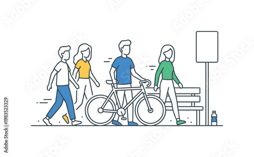 Friends crossing a shared bike path together with one central figure holding a bicycle while others walk beside looking ahead and