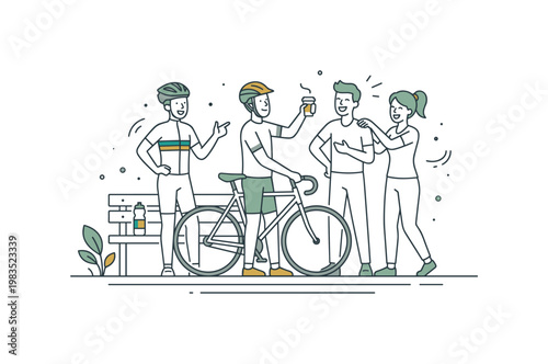 Friends sharing a casual cycling pause with one central figure holding a bicycle and lifting a cup while others stand nearby