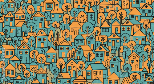 Photos Abstract, colorful houses and trees form a whimsical, repeating pattern
