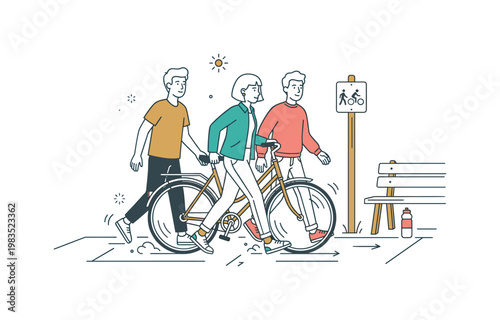 Friends crossing a shared street path with one person at center walking a bicycle while others follow closely and adjust pace