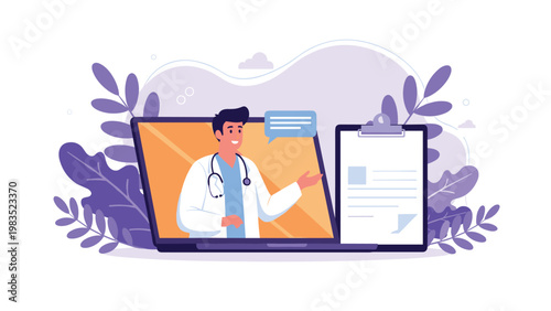 Telemedicine concept with a doctor providing online consultation on laptop screen and medical report on clipboard.