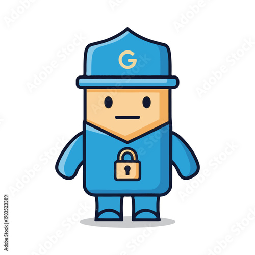 A charming blue cartoon character stands guard, wearing a hat and a uniform adorned with a prominent lock symbol, suggesting security and protection in a friendly and approachable manner
