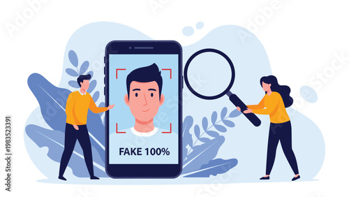 Security specialists using magnifying glass to detect fake identity or deepfake profile on smartphone for cybersecurity.
