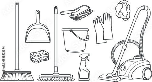 A diverse collection of essential household cleaning tools and equipment presented in a clean outline illustration, perfect for various domestic maintenance tasks.