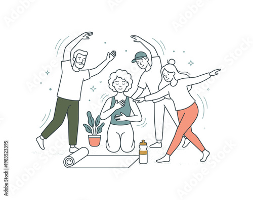 Friends enjoying a balanced lifestyle with one person at center placing hands on chest in a breathing exercise while others