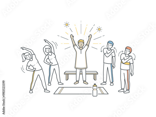 Group of friends standing in a loose circle starting morning warm up with one central person leading arm stretches upward while