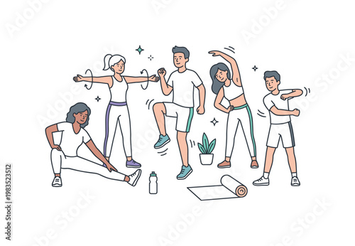 Friends gathered in a park exercise moment with one central person stretching arms overhead while others jog lightly in place and