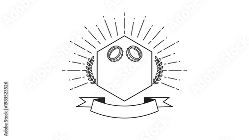 Blank hexagonal emblem featuring wheat stalks, a ribbon banner, beer bottle caps, and sunburst rays for custom beverage branding.