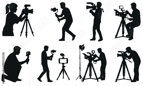 Silhouette collection of professional videographers and cinematographers using movie cameras tripods gimbals and stabilizers for film production isolated on white background for creative media project