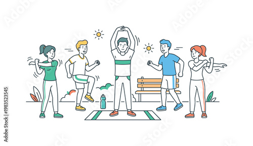 Diverse group of friends enjoying outdoor fitness and stretching exercises together