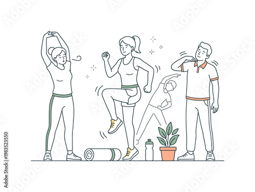 Friends gathered in a relaxed activity moment with one person at center stepping forward in a light jog while others stretch legs
