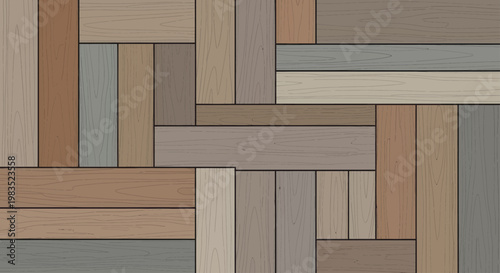 A pattern of rectangular wooden planks in various earth tones arranged in a herringbone design