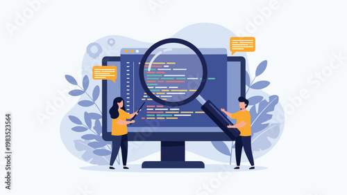 Team of developers uses a magnifying glass and pointer to analyze and debug computer code on a large monitor during a software project.