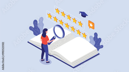 Woman using a magnifying glass to check book ratings or reviews represented by stars for online education platform.