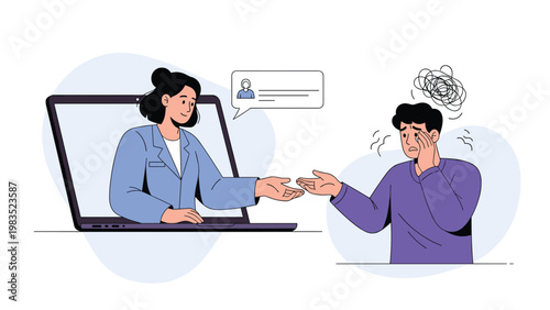 Concerned man receives empathetic support from a female therapist during an online counseling session on a laptop screen for mental care.